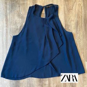 Zara Trafaluc Navy Blue Ruffle Blouse Size Small